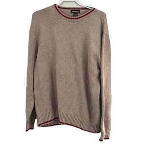 Eddie Bauer Knit Sweater Men Large Oatmeal Burgundy Stripe Collar Heavy‎ Cotton